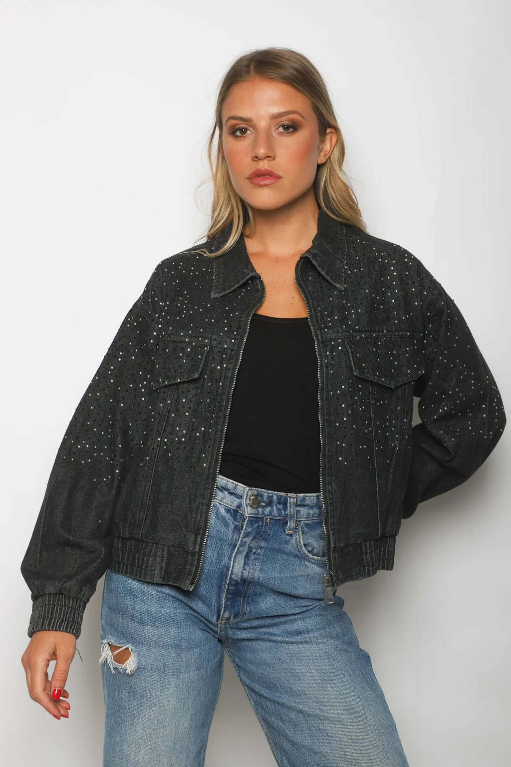 Campera Jean Vakz con Cierre y Strass GU70014