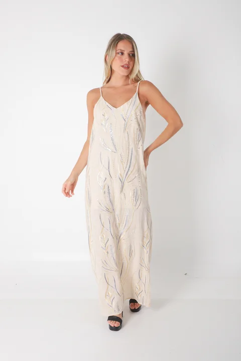 Vestido SANSA de Lino Forrado c/ Lentejuelas Bordadas GU70142