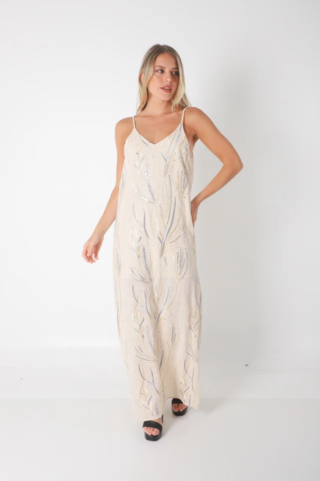 Vestido SANSA de Lino Forrado c/ Lentejuelas Bordadas GU70142