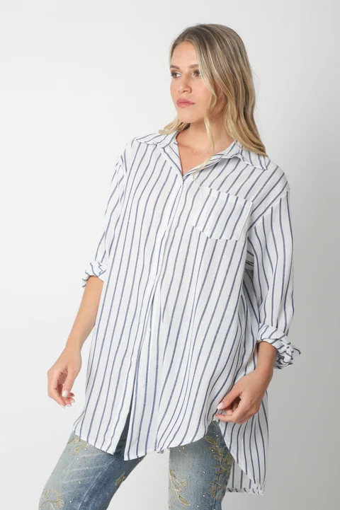 Camisa Emili Lino Larga Rayada con Bolsillo