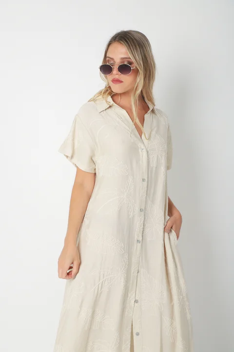  Vestido VANDALI Camisero de Lino c/ Hojas Bordadas GU2526
