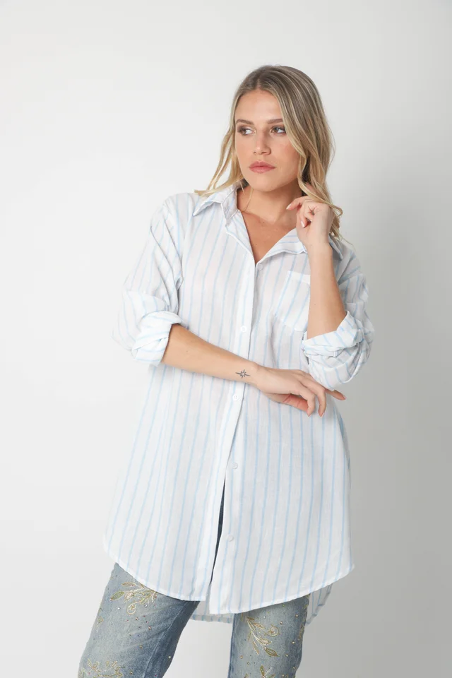 Camisa Emili Lino Larga Rayada con Bolsillo
