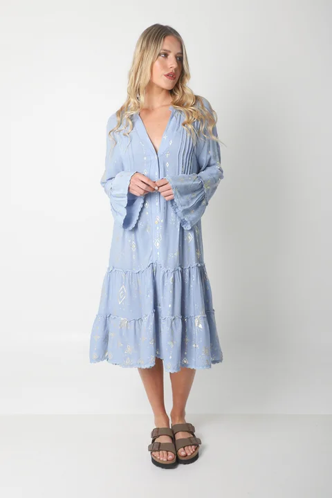 Vestido CINDERELA POPLIN ESTAMPADO  c/ recortes y volados GU4669