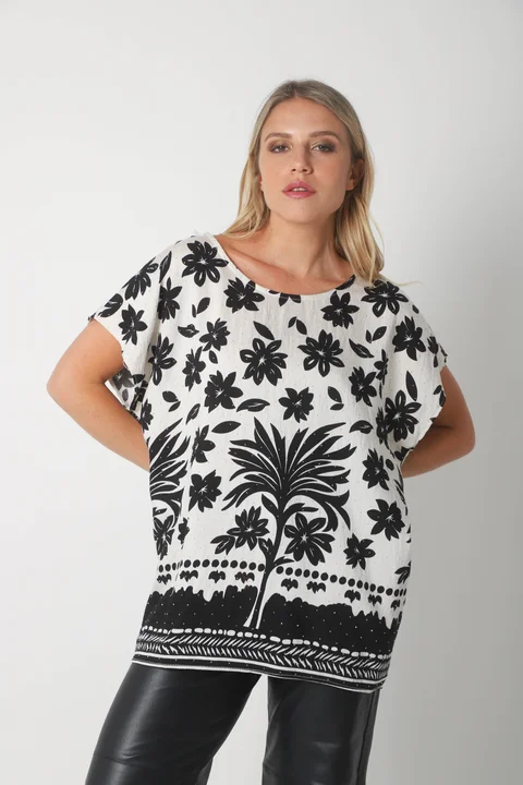 Blusa Lino Amplia Chenay Hojas c/ Strass  GU6130N