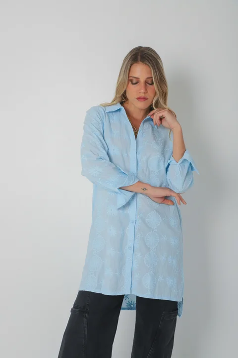 Camisa CANELA Larga de Broderie Flores Bordadas GU5205