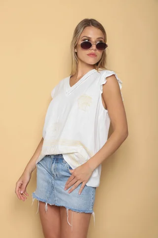 Blusa PALMIRA de Lino Bordado c/ Manga Volado GU0542 - Vista 6