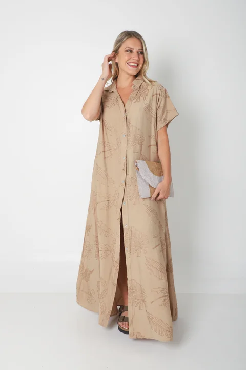  Vestido VANDALI Camisero de Lino c/ Hojas Bordadas GU2526