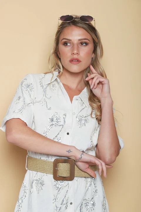 Vestido LAVIN Camisero de Lino Bordado GU0539