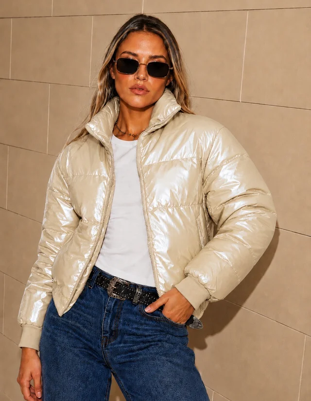 Campera Puffer Beige Metalizada Velvet GUK2039