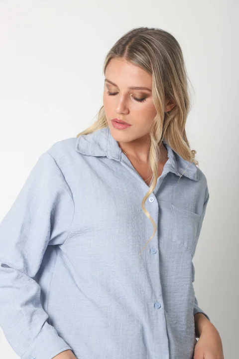 Camisa MARQUESA LARGA  de Lino con Fantasia y Bolsillo 
