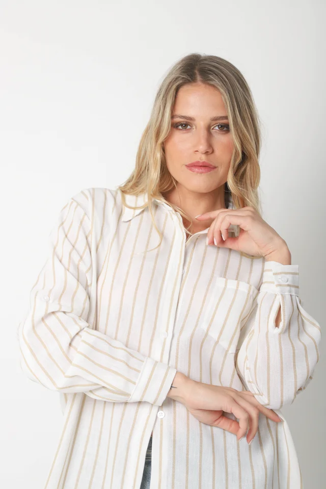 Camisa Emili Lino Larga Rayada con Bolsillo