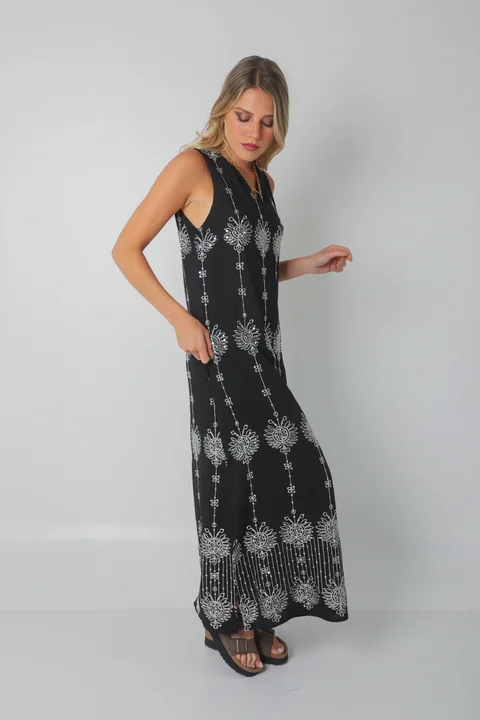 Vestido ZAFIRO de Lino c/Lentejuelas Hojas y Bolsillos GU250107