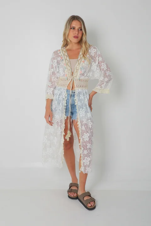 Kimono BORDEAUX Encaje Cuadrille Con Cintura Crochet GUH12567