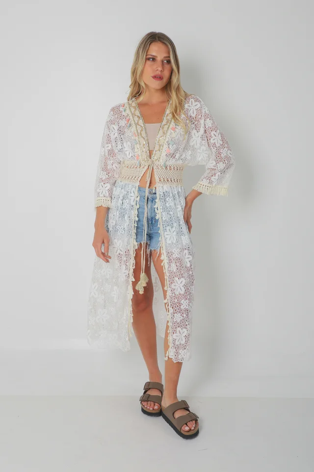 Kimono BORDEAUX Encaje Cuadrille Con Cintura Crochet GUH12567