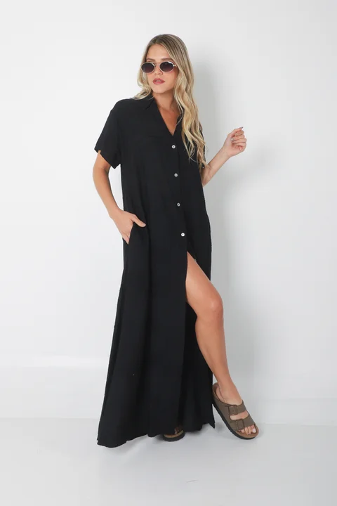  Vestido VANDALI Camisero de Lino c/ Hojas Bordadas GU2526