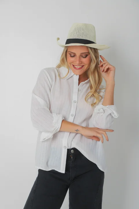 Camisa BANERY de Lino Raya Lurex Botones c/ Brillo GUK70186