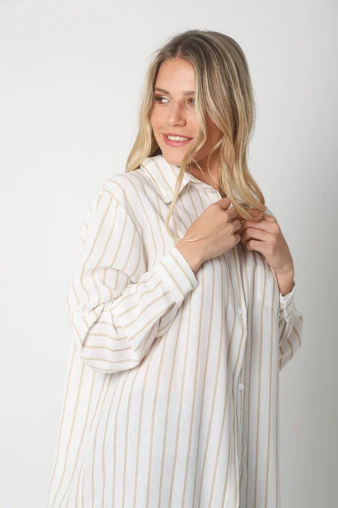 Camisa Emili Lino Larga Rayada con Bolsillo