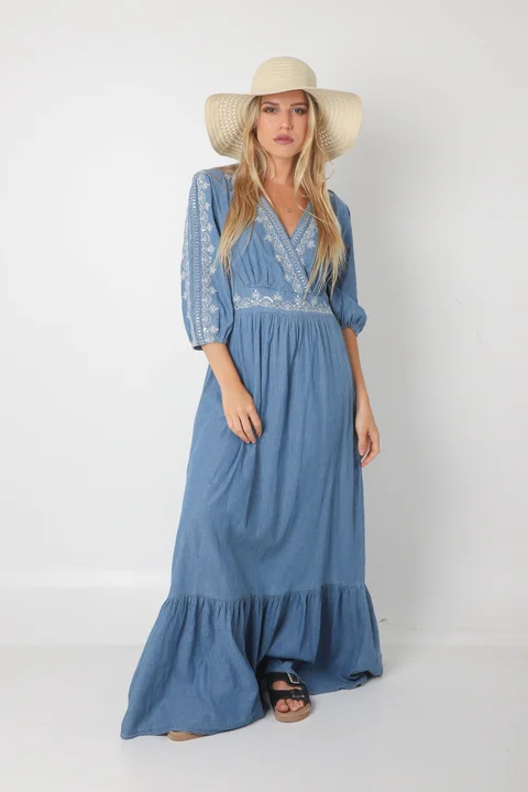 Vestido EMPERATRIZ Jean Cruzado c/Bordado (ru0560)