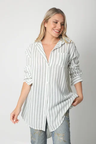 Camisa Emili Lino Larga Rayada con Bolsillo - Vista 4