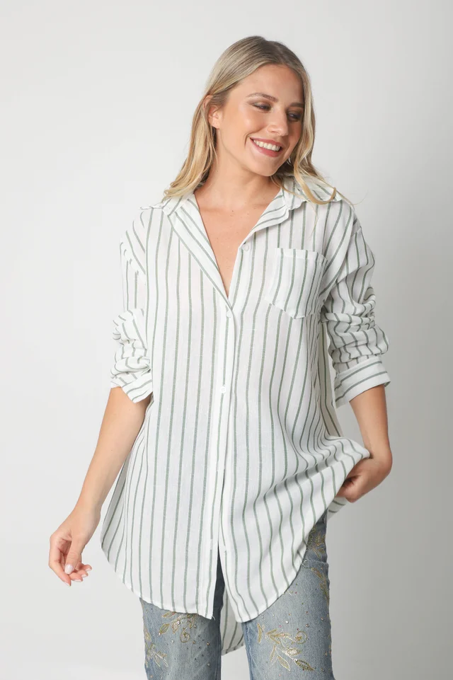 Camisa Emili Lino Larga Rayada con Bolsillo