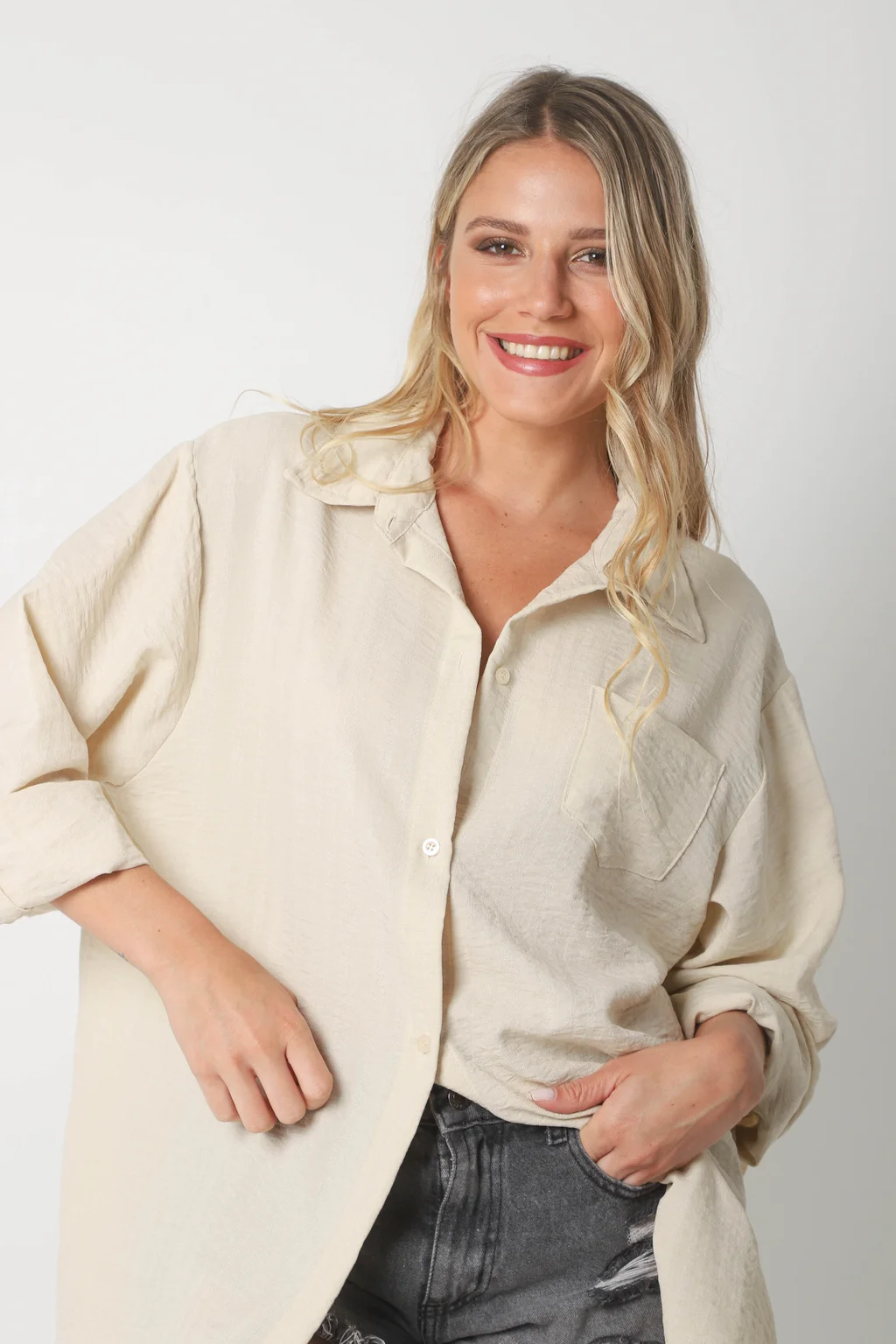 Camisa MARQUESA LARGA  de Lino con Fantasia y Bolsillo 