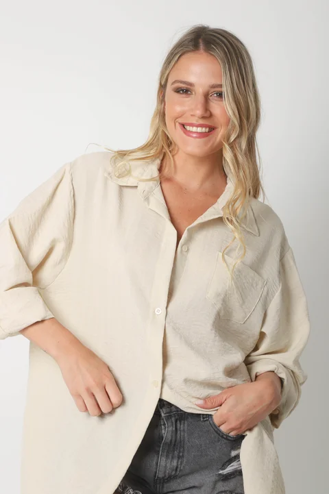 Camisa MARQUESA LARGA  de Lino con Fantasia y Bolsillo 