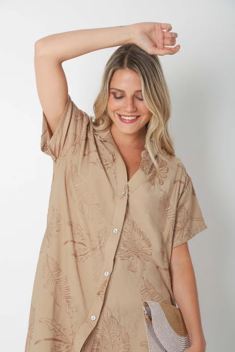  Vestido VANDALI Camisero de Lino c/ Hojas Bordadas GU2526
