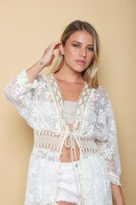 Kimono BORDEAUX Encaje Cuadrille Con Cintura Crochet GUH12567