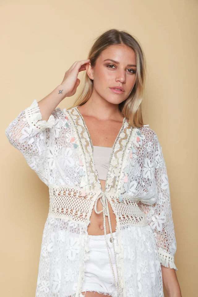 Kimono BORDEAUX Encaje Cuadrille Con Cintura Crochet GUH12567