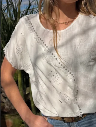 Blusa ARLEN Lino y Broderie con Piedras GU70214 - Vista 2