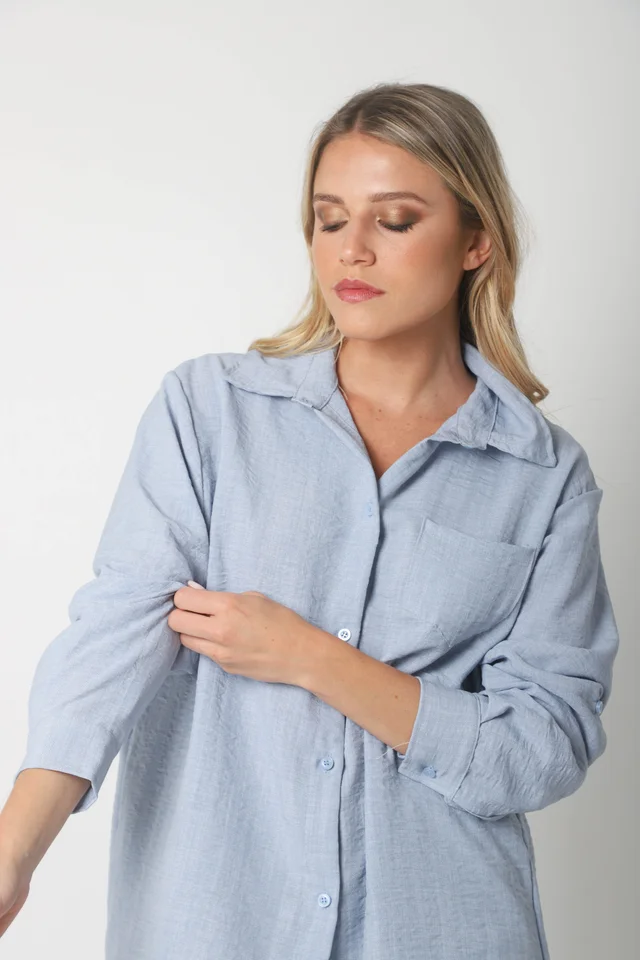 Camisa MARQUESA LARGA  de Lino con Fantasia y Bolsillo 