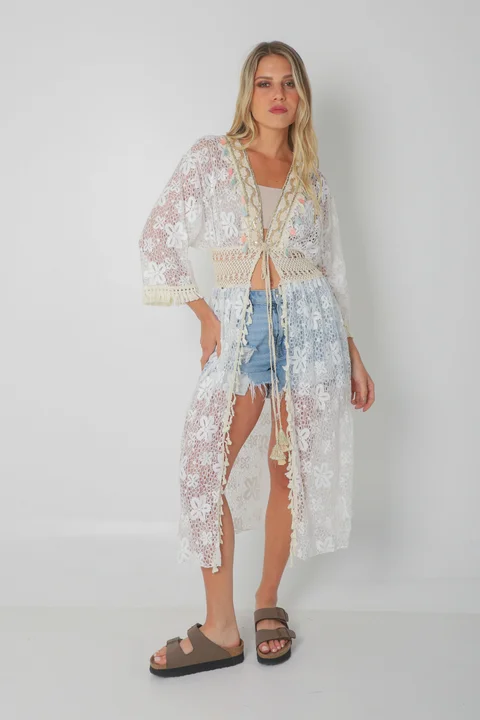 Kimono BORDEAUX Encaje Cuadrille Con Cintura Crochet GUH12567