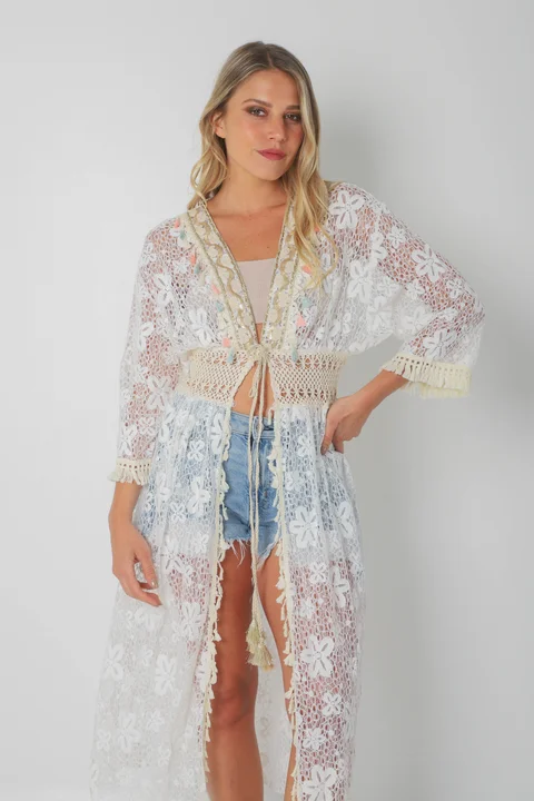 Kimono BORDEAUX Encaje Cuadrille Con Cintura Crochet GUH12567