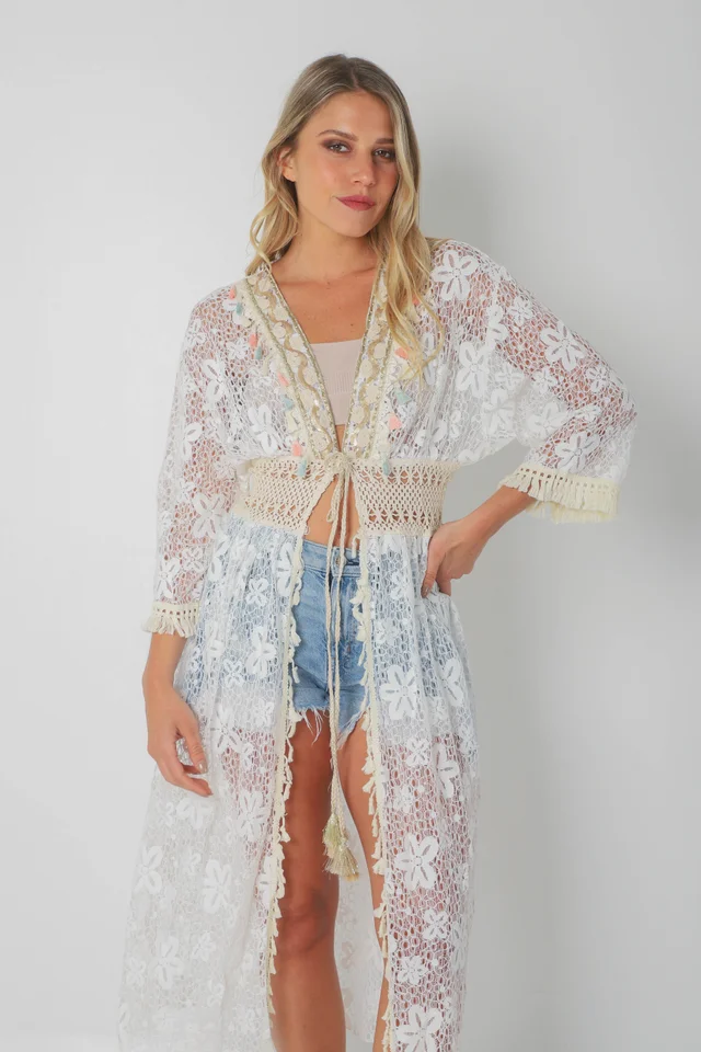 Kimono BORDEAUX Encaje Cuadrille Con Cintura Crochet GUH12567