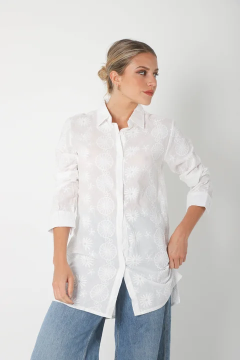 Camisa CANELA Larga de Broderie Flores Bordadas GU5205