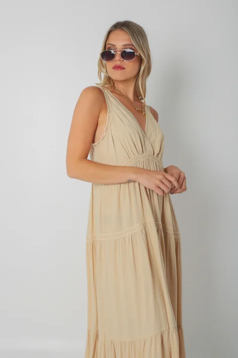 Vestido MURIEL de lino c/ guardas Guipiure GU2523