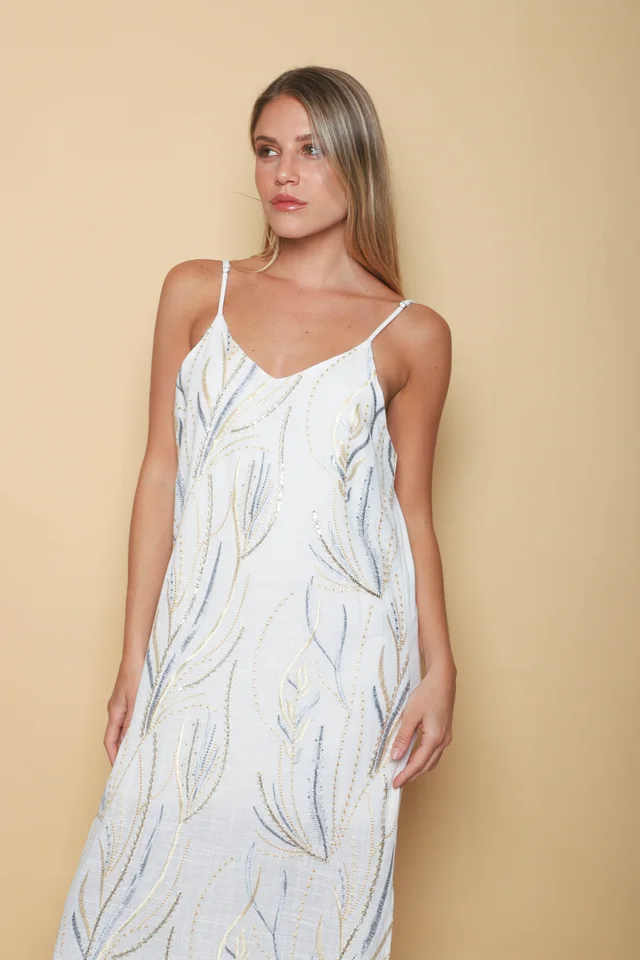 Vestido SANSA de Lino Forrado c/ Lentejuelas Bordadas GU70142