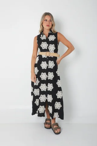 Vestido LOOK Camisero de LINO Bordado Con Cinto GU250114 - Vista 2