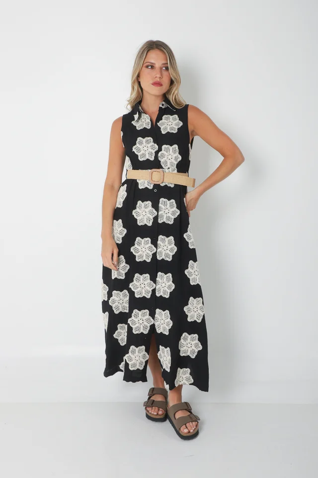 Vestido LOOK Camisero de LINO Bordado Con Cinto GU250114