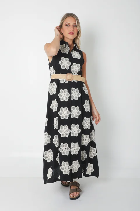 Vestido LOOK Camisero de LINO Bordado Con Cinto GU250114