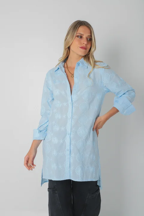Camisa CANELA Larga de Broderie Flores Bordadas GU5205