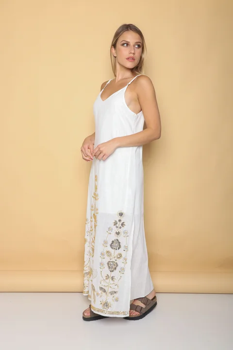 Vestido Rhapsody Amplio Lino con Canutillos Bordados GU4086