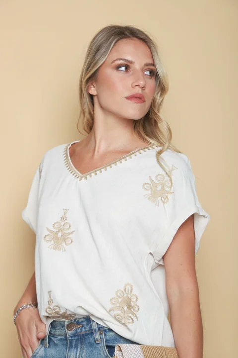 Blusa CATALUÑA Bordada de Lino GU0532