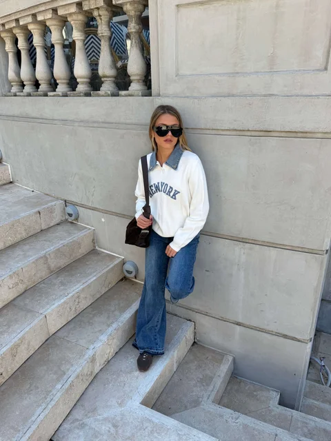 Sweater NEW YORK con jean y perlas en cuello GU67702