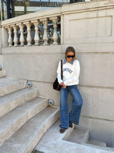 Sweater NEW YORK con jean y perlas en cuello GU67702