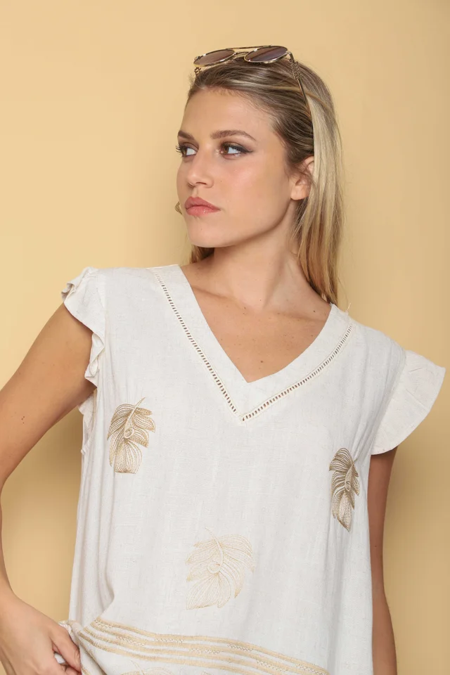 Blusa PALMIRA de Lino Bordado c/ Manga Volado GU0542