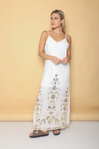 Vestido Rhapsody Amplio Lino con Canutillos Bordados GU4086 - Vista 3