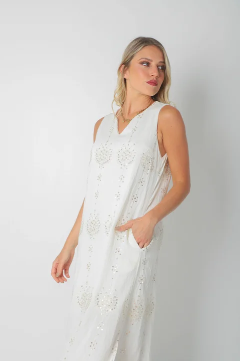 Vestido ZAFIRO de Lino c/Lentejuelas Hojas y Bolsillos GU250107