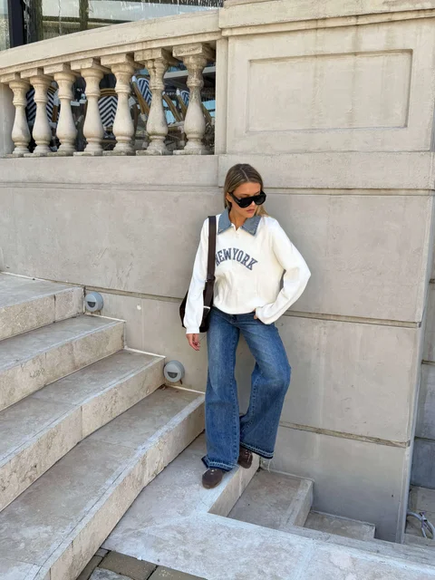 Sweater NEW YORK con jean y perlas en cuello GU67702