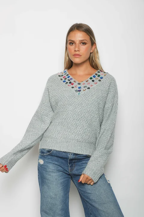 Sweater LUXE Escote V con Piedras de Colores GU81330